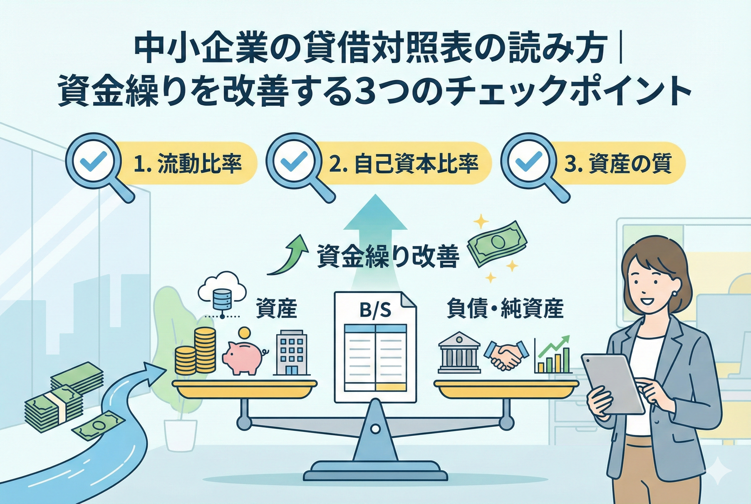 中小企業向けの貸借対照表の読み方を解説するアイキャッチ画像。バランスシート（B/S）が乗った天秤を中心に、左側の「資産」と右側の「負債・純資産」が均衡している様子が描かれている。上部には「流動比率」「自己資本比率」「資産の質」という3つのチェックポイントが虫眼鏡のアイコンと共に示され、これらを改善することで中央の矢印が「資金繰り改善」に向かうことを表現している。タブレットを持ったビジネスパーソンの女性が笑顔で見守っている。