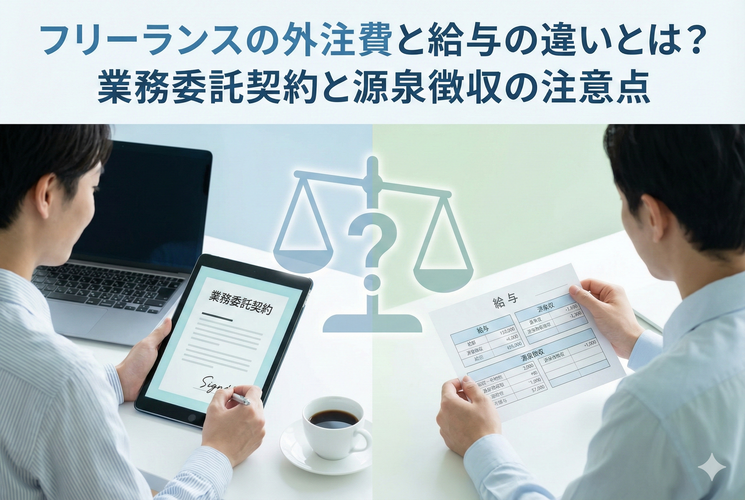 「業務委託契約」のサイン画面を表示したタブレットを持つ人物と、「給与」の明細書を持つ人物が、疑問符の付いた天秤を挟んで対峙している画像。「フリーランスの外注費と給与の違いとは？業務委託契約と源泉徴収の注意点」という日本語の見出しが入ったアイキャッチ。