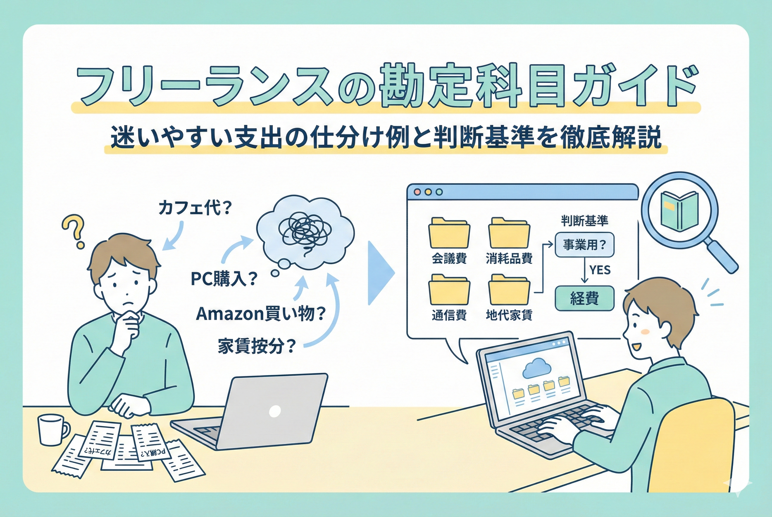 「フリーランスの勘定科目ガイド 迷いやすい支出の仕分け例と判断基準を徹底解説」というタイトルが入ったアイキャッチ画像。左側では「カフェ代？」「PC購入？」「家賃按分？」といった領収書を前に悩むフリーランスの様子が描かれ、右側ではPC画面上のフォルダ（会議費、消耗品費など）に「事業用かどうか」の基準で正しく経費を仕分け、スッキリとしている様子が図解されている。