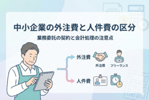 中小企業の経営者が「外注費」と「人件費」の2つのルートを比較・検討している様子を描いたイラスト。それぞれの選択肢に関連する契約書や従業員のアイコンが配置され、中央に「中小企業の外注費と人件費の区分」「業務委託の契約と会計処理の注意点」という日本語のタイトルが入っています。