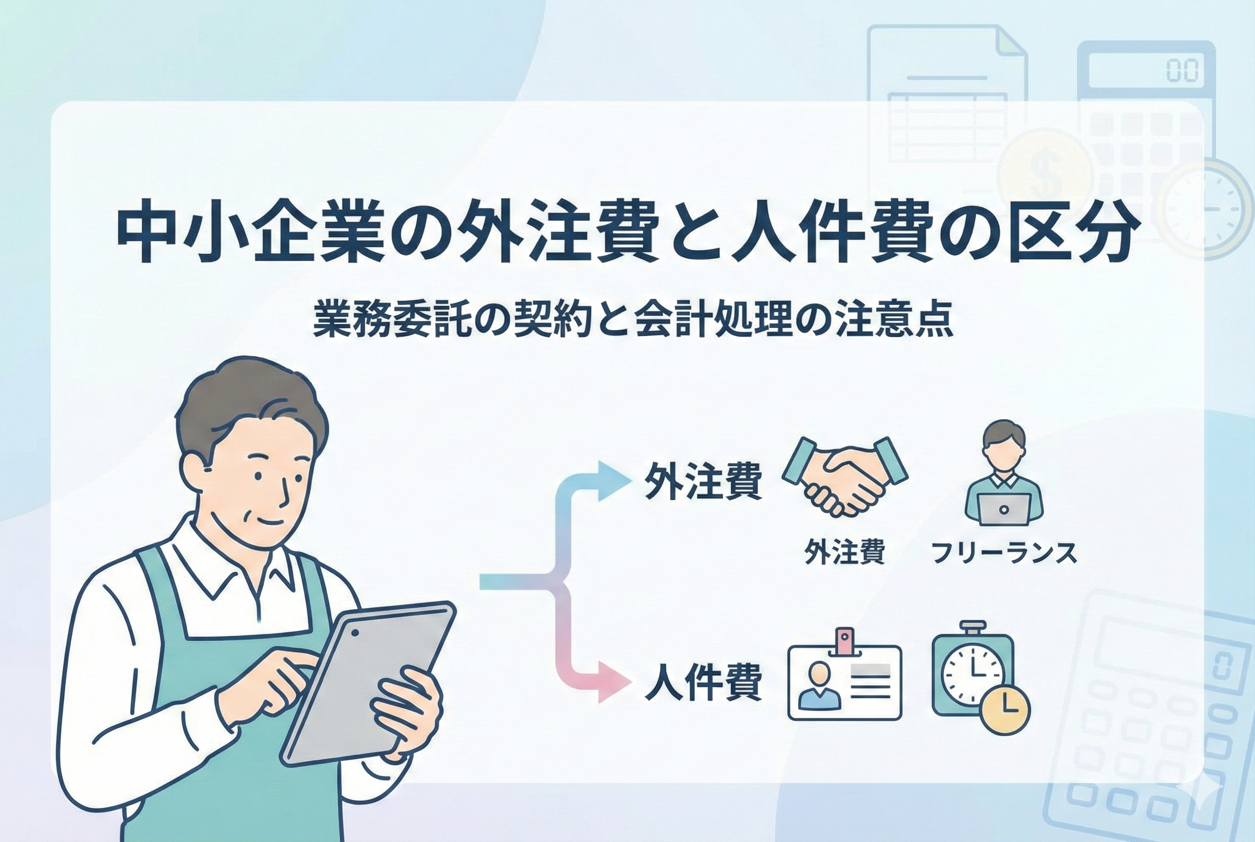 中小企業の経営者が「外注費」と「人件費」の2つのルートを比較・検討している様子を描いたイラスト。それぞれの選択肢に関連する契約書や従業員のアイコンが配置され、中央に「中小企業の外注費と人件費の区分」「業務委託の契約と会計処理の注意点」という日本語のタイトルが入っています。