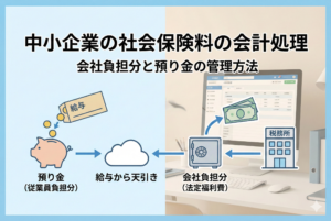 中小企業のオフィスを背景に、社会保険料の会計処理の流れをイラストで図解したアイキャッチ画像。左側に給与から天引きされる「預り金（従業員負担分）」、右側に会社が負担する「会社負担分（法定福利費）」が描かれ、それぞれがクラウドを経由して税務署へ納付される仕組みが矢印で示されています。