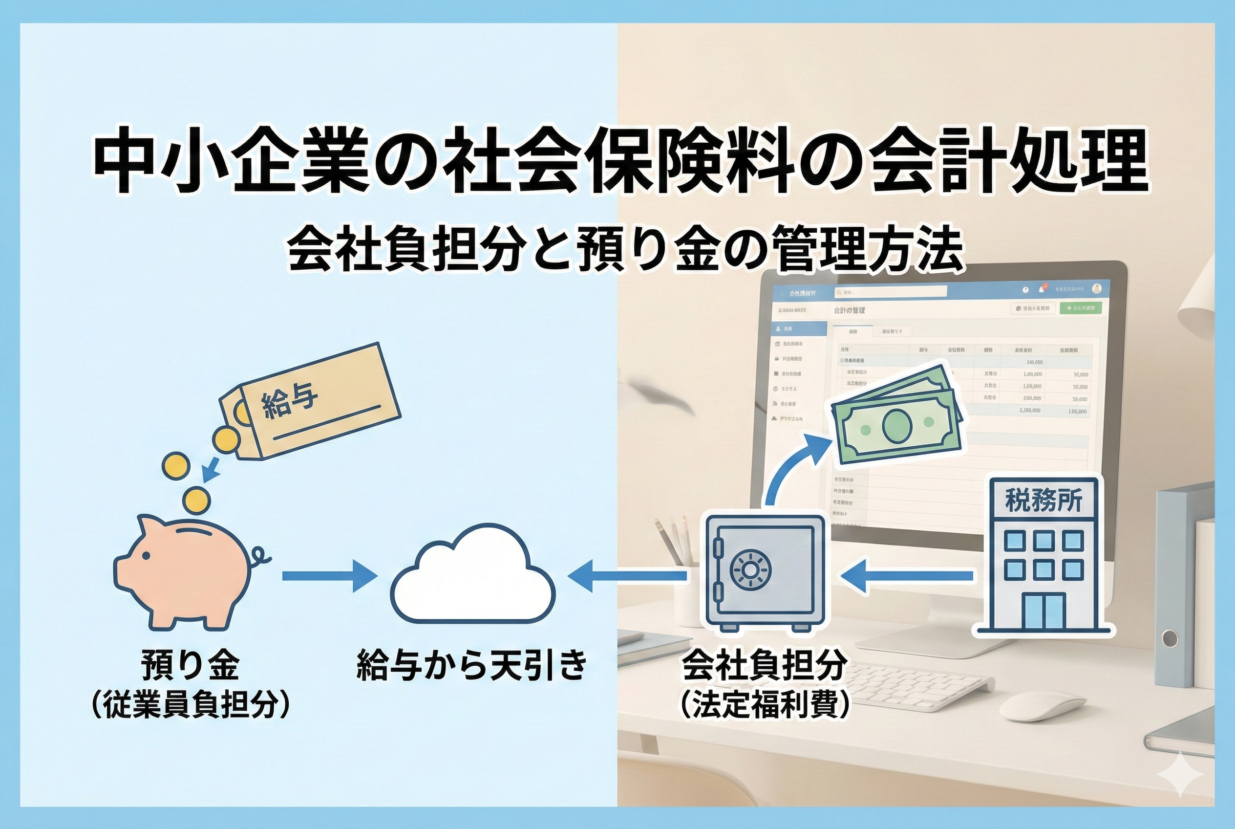 中小企業のオフィスを背景に、社会保険料の会計処理の流れをイラストで図解したアイキャッチ画像。左側に給与から天引きされる「預り金（従業員負担分）」、右側に会社が負担する「会社負担分（法定福利費）」が描かれ、それぞれがクラウドを経由して税務署へ納付される仕組みが矢印で示されています。