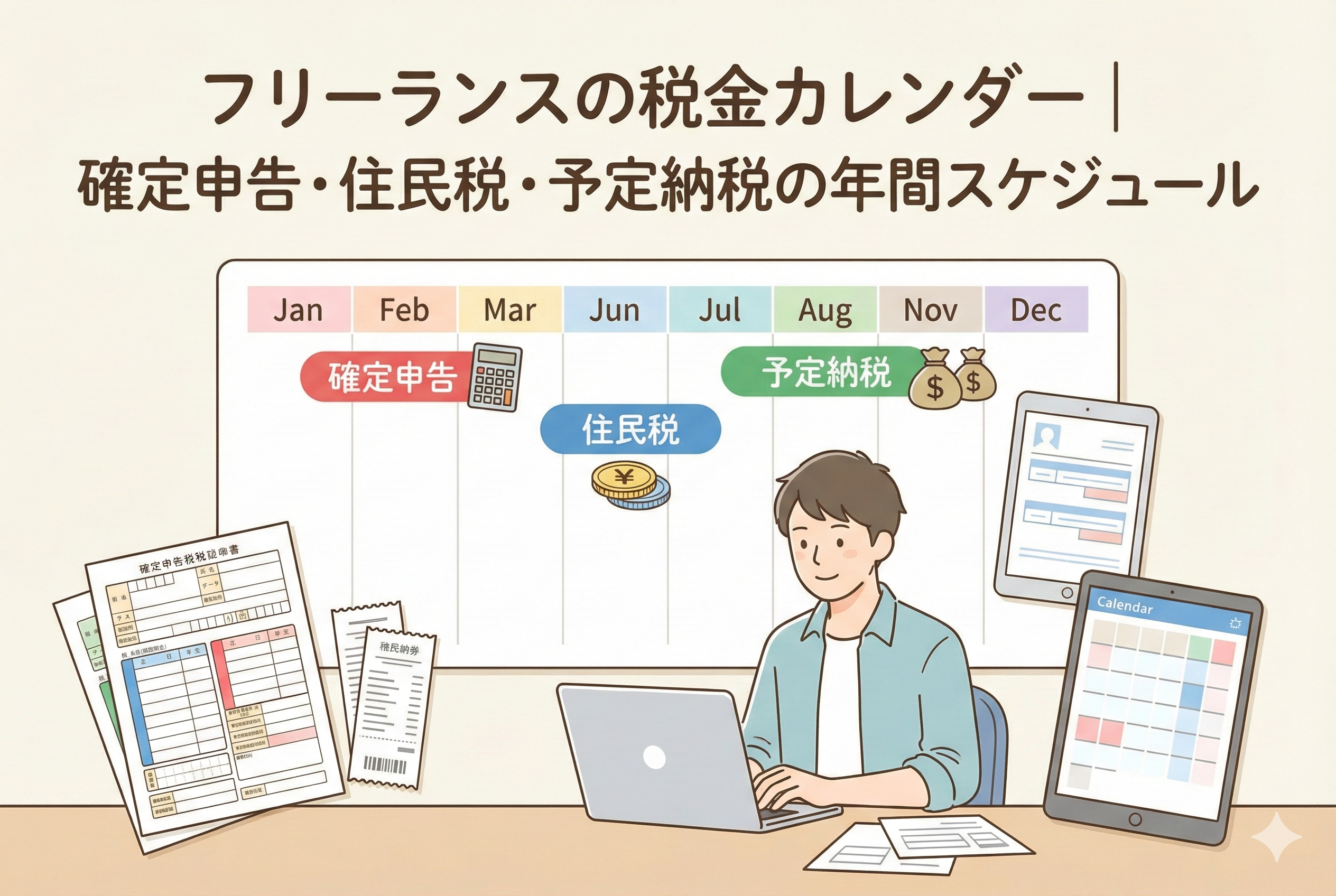 パソコンで作業するフリーランスの男性と、確定申告・住民税・予定納税の時期が示された年間スケジュールカレンダーのイラスト。