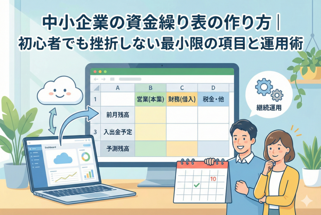 「中小企業の資金繰り表の作り方｜初心者でも挫折しない最小限の項目と運用術」というタイトルのアイキャッチ画像。クラウド会計ソフトのデータが連携された、営業・財務・税金の3項目からなるシンプルな資金繰り表がモニターに表示されている。その横で、10日にチェックが入ったカレンダーを見ながら継続運用のポイントを確認し、安心した表情を浮かべる男女の経営者のイラスト。