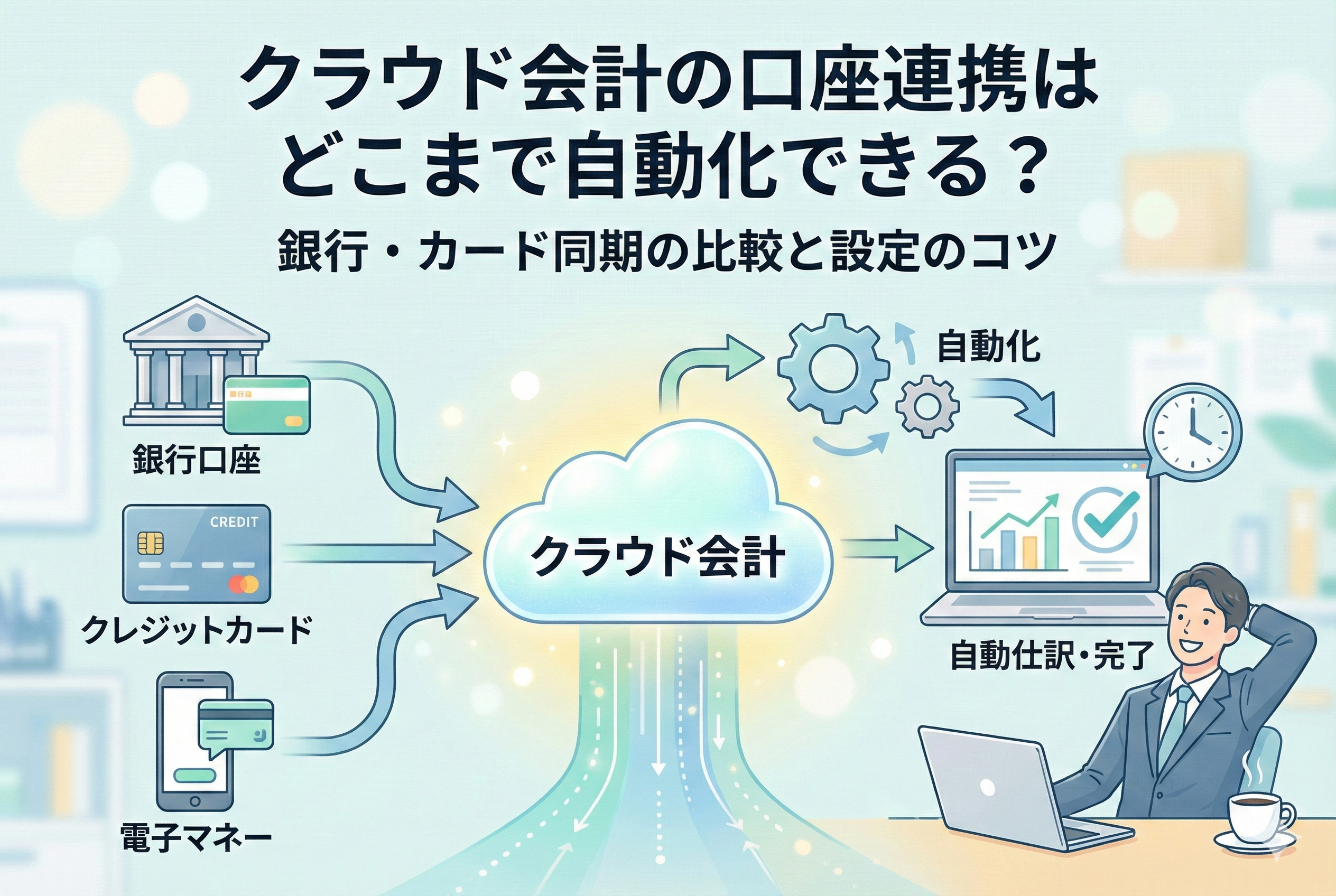 クラウド会計ソフトが銀行口座、クレジットカード、電子マネーと連携し、自動で仕訳が完了するまでの流れを図解したイラスト。「クラウド会計の口座連携はどこまで自動化できる？銀行・カード同期の比較と設定のコツ」というタイトル文字と、連携によって記帳業務が効率化し、リラックスするビジネスマンの様子が描かれている。