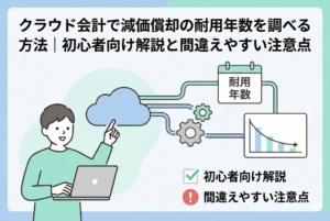 クラウド会計ソフトを使って減価償却の耐用年数を調べる方法を解説するアイキャッチ画像。ノートパソコンを操作する人物のイラスト、クラウドのアイコンからカレンダー（耐用年数）、歯車、グラフへとつながる図、「初心者向け解説」のチェックマークと「間違えやすい注意点」の注意マークが描かれている。