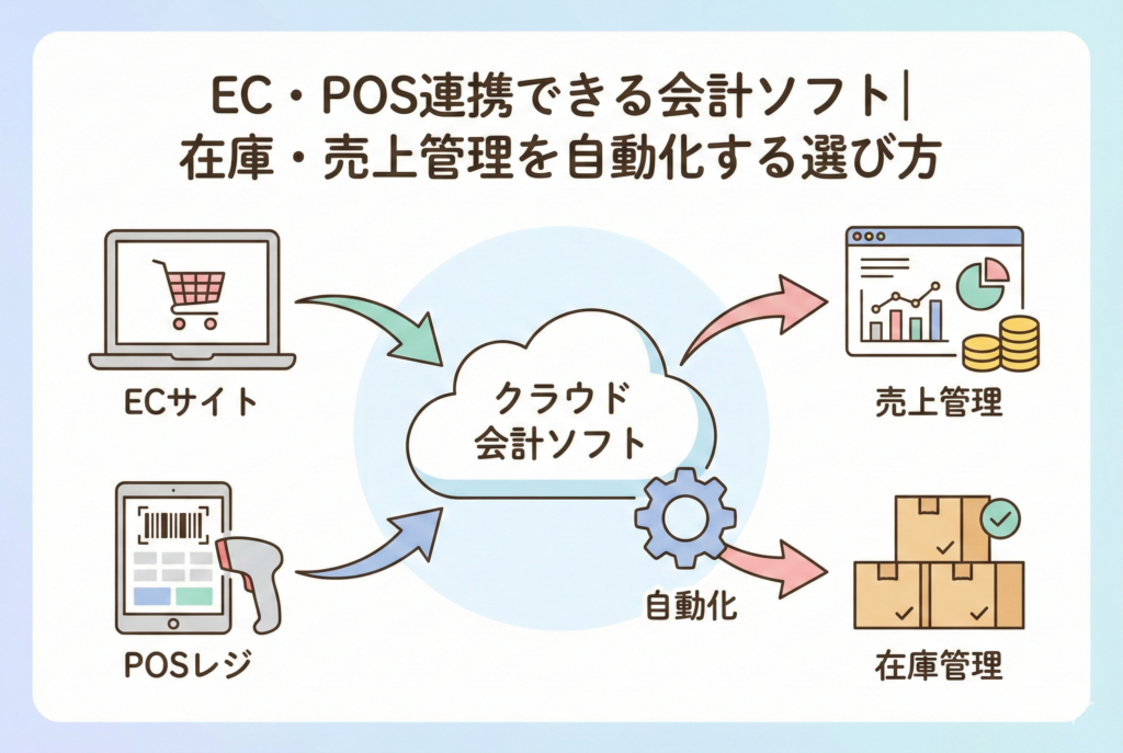 ネットショップ（EC）や実店舗（POSレジ）のデータがクラウド会計ソフトと連携しているイメージイラスト。「EC・POS連携できる会計ソフト」のタイトル文字が中央に配置され、売上や在庫管理が自動化される様子を表現しています。