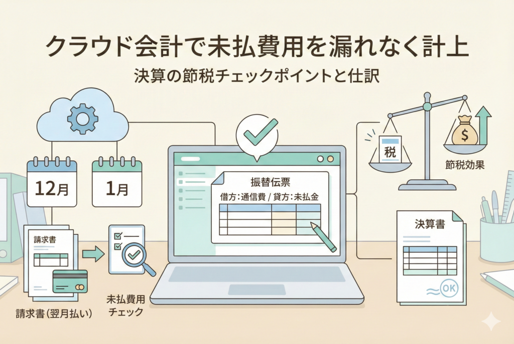 クラウド会計で未払費用を漏れなく計上し、節税につなげる方法を解説するアイキャッチ画像。カレンダー、請求書、仕訳画面のイラストで、年末のチェックポイントと具体的な処理の流れを分かりやすく図解している。