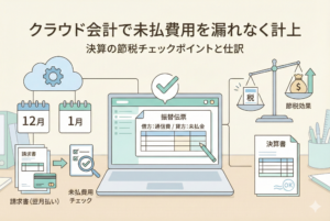 クラウド会計で未払費用を漏れなく計上し、節税につなげる方法を解説するアイキャッチ画像。カレンダー、請求書、仕訳画面のイラストで、年末のチェックポイントと具体的な処理の流れを分かりやすく図解している。