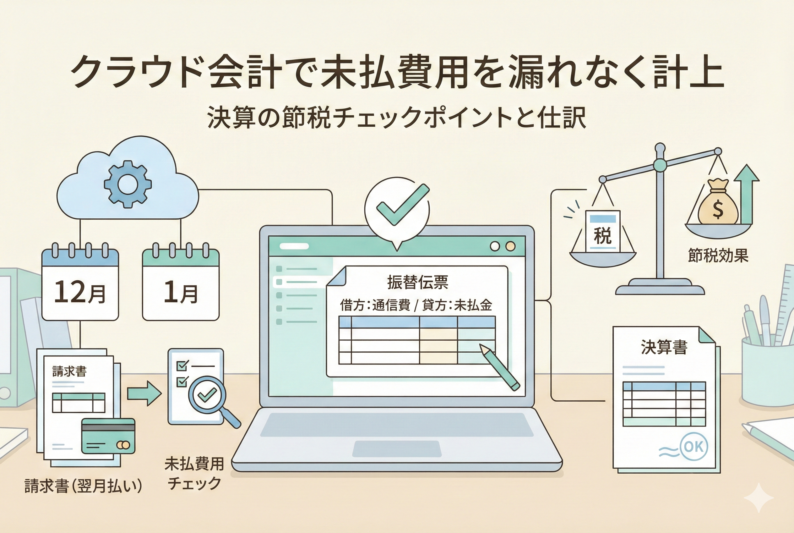 クラウド会計で未払費用を漏れなく計上し、節税につなげる方法を解説するアイキャッチ画像。カレンダー、請求書、仕訳画面のイラストで、年末のチェックポイントと具体的な処理の流れを分かりやすく図解している。