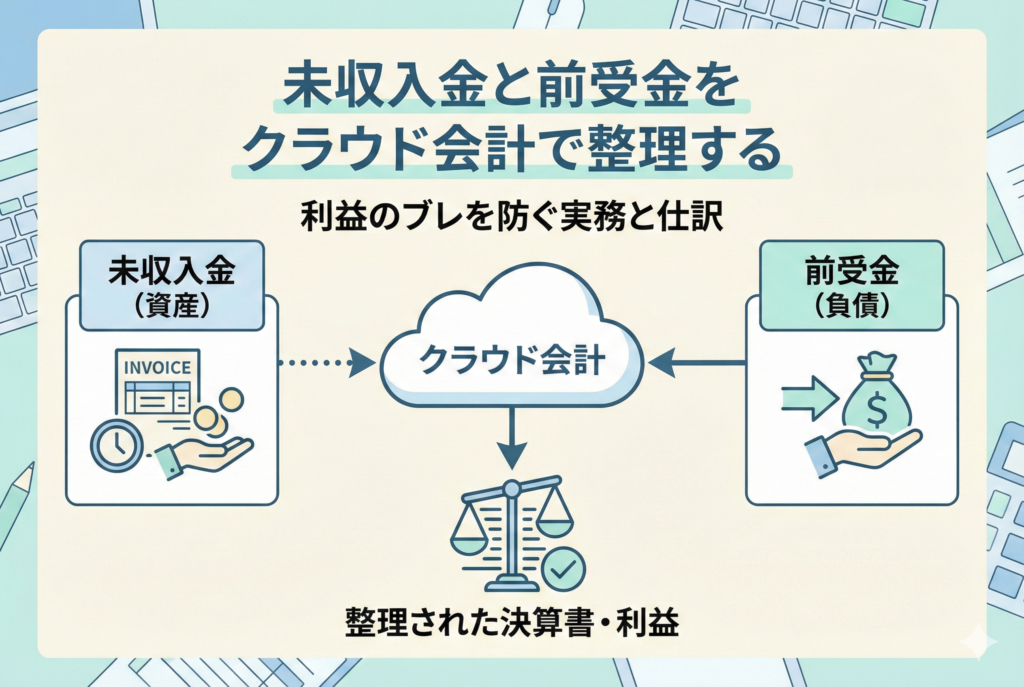 クラウド会計を活用して未収入金と前受金を整理し、利益のブレを防ぐ方法を解説するアイキャッチ画像。未収入金（資産）と前受金（負債）がクラウド会計システムを通じて整理され、正確な決算書につながる流れを親しみやすいイラストで表現している。