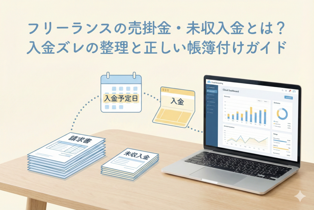 「請求書」と「未収入金」の書類の束から、点線がカレンダーの「入金予定日」を経由して通帳の「入金」へと繋がっているイラストと、クラウド会計ソフトの画面が表示されたノートパソコン。「フリーランスの売掛金・未収入金とは？入金ズレの整理と正しい帳簿付けガイド」という日本語の見出しが入った、親しみやすいアイキャッチ画像。