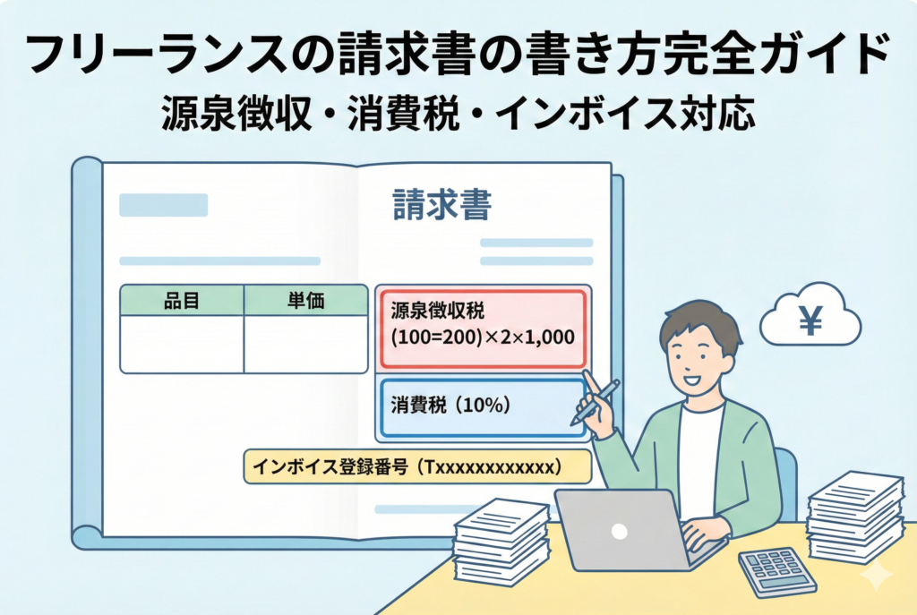 フリーランスの男性が、源泉徴収税の計算式、消費税10%、インボイス登録番号の記載欄が強調して示された請求書のイラストを指差し確認している様子。パソコンや電卓も置かれ、クラウド会計での作業を想起させる。
