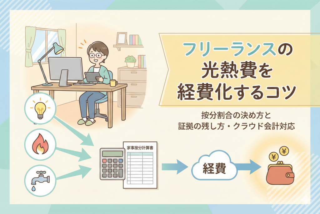 「フリーランスの光熱費を経費化するコツ」とサブタイトル「按分割合の決め方と証拠の残し方・クラウド会計対応」が入ったアイキャッチ画像。在宅で働くフリーランスのイラストとともに、電気・ガス・水道のアイコンから電卓と「家事按分計算書」を経て、クラウドの「経費」に計上され、最終的に財布にお金が貯まる（節税できる）までの流れを分かりやすく図解している。