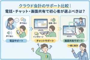 クラウド会計ソフトのサポート体制（電話、チャット、画面共有）を比較するイラスト。「クラウド会計のサポート比較｜電話・チャット・画面共有で初心者が選ぶべきは？」というタイトルとともに、オペレーターがユーザーを親身にサポートしている様子が描かれています。