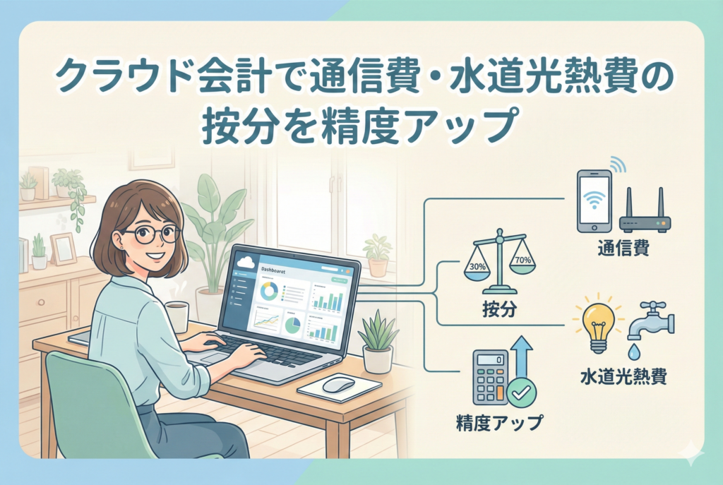 クラウド会計ソフトの画面を見ながら微笑む女性のイラスト。「クラウド会計で通信費・水道光熱費の按分を精度アップ」という日本語のタイトルと、通信費（スマホ・ルーター）、水道光熱費（電球・水道）のアイコン、天秤による按分比率の決定、計算機による精度向上の流れが図解されている。