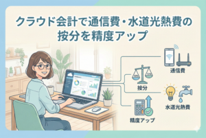 クラウド会計ソフトの画面を見ながら微笑む女性のイラスト。「クラウド会計で通信費・水道光熱費の按分を精度アップ」という日本語のタイトルと、通信費（スマホ・ルーター）、水道光熱費（電球・水道）のアイコン、天秤による按分比率の決定、計算機による精度向上の流れが図解されている。
