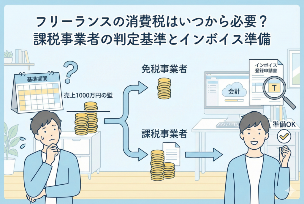 「フリーランスの消費税はいつから必要?課税事業者の判定基準とインボイス準備」というタイトルの下、基準期間や売上1000万円の壁に悩むフリーランスと、インボイス登録や会計準備を終えて「準備OK」と安心するフリーランスの姿を描いたイラスト。免税事業者と課税事業者の分岐点、インボイス登録申請書、T番号の確認などの流れが図解されている。