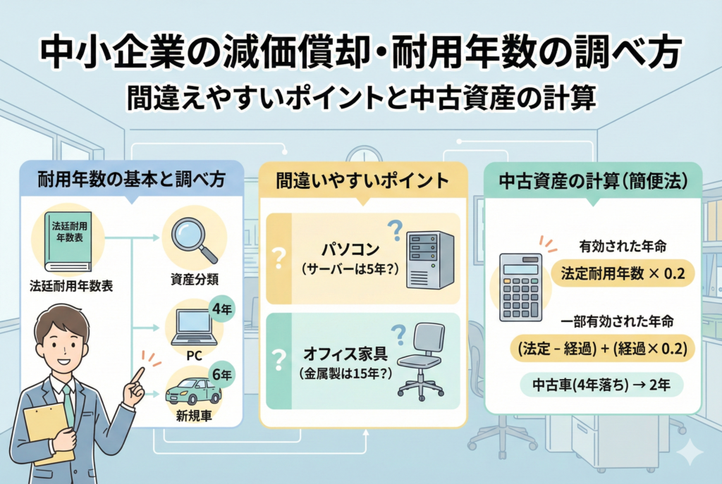中小企業の減価償却における耐用年数の調べ方を解説するアイキャッチ画像です。パソコン（4年）や新車（6年）などの代表的な法定耐用年数のアイコンと、中古資産の計算式をイメージしたカレンダーや電卓のイラストが、清潔感のある明るいデザインで描かれています。