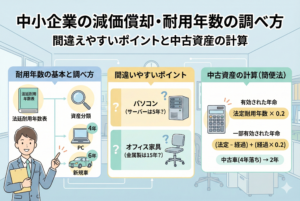 中小企業の減価償却における耐用年数の調べ方を解説するアイキャッチ画像です。パソコン（4年）や新車（6年）などの代表的な法定耐用年数のアイコンと、中古資産の計算式をイメージしたカレンダーや電卓のイラストが、清潔感のある明るいデザインで描かれています。