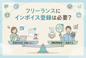 「フリーランスにインボイス登録は必要？」というタイトルとともに、登録するかしないかのメリット・デメリットを天秤にかけて検討する男女のイラストが描かれた、親しみやすいデザインのアイキャッチ画像。