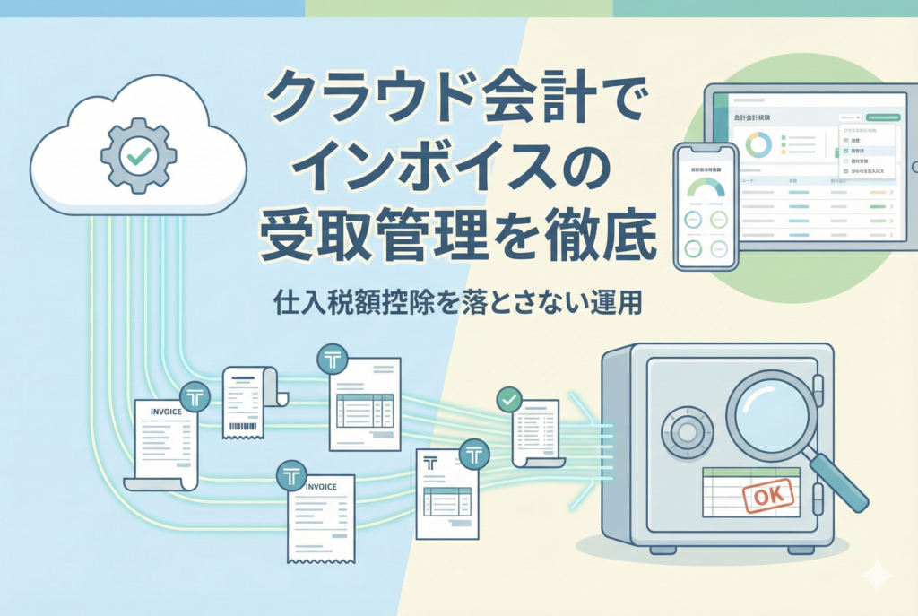 「クラウド会計でインボイスの受取管理を徹底 仕入税額控除を落とさない運用」というタイトルが書かれたイラスト。クラウドシステムから「T」マーク付きの適格請求書データが自動的に取り込まれ、デジタル金庫で安全に保管・チェックされて「OK」となる流れを表現。スマートフォンやタブレットでの会計管理画面も描かれている。