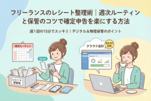 「フリーランスのレシート整理術｜週次ルーティンと保管のコツで確定申告を楽にする方法」というタイトルと、「週1回の15分でスッキリ！デジタル＆物理保管のポイント」というサブタイトルが入ったアイキャッチ画像。左側には女性が週次ルーティンのカレンダーを見ながらスマホでレシートをスキャンし、保管箱に入れている様子。右側には同じ女性がクラウド会計ソフトの「確定申告OK」という画面をリラックスして見ながらお茶を飲んでいるイラストが描かれている。
