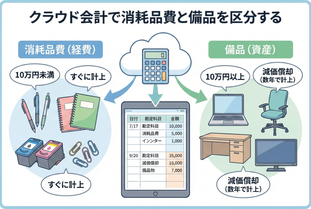 クラウド会計ソフトで「消耗品費」と「備品（資産）」を振り分けるイメージイラスト。ノートパソコンや文房具などの備品が並び、10万円の境界線を基準に経費か資産かを判断する様子を視覚化した、清潔感のある精緻なデザイン。