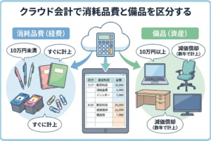 クラウド会計ソフトで「消耗品費」と「備品（資産）」を振り分けるイメージイラスト。ノートパソコンや文房具などの備品が並び、10万円の境界線を基準に経費か資産かを判断する様子を視覚化した、清潔感のある精緻なデザイン。