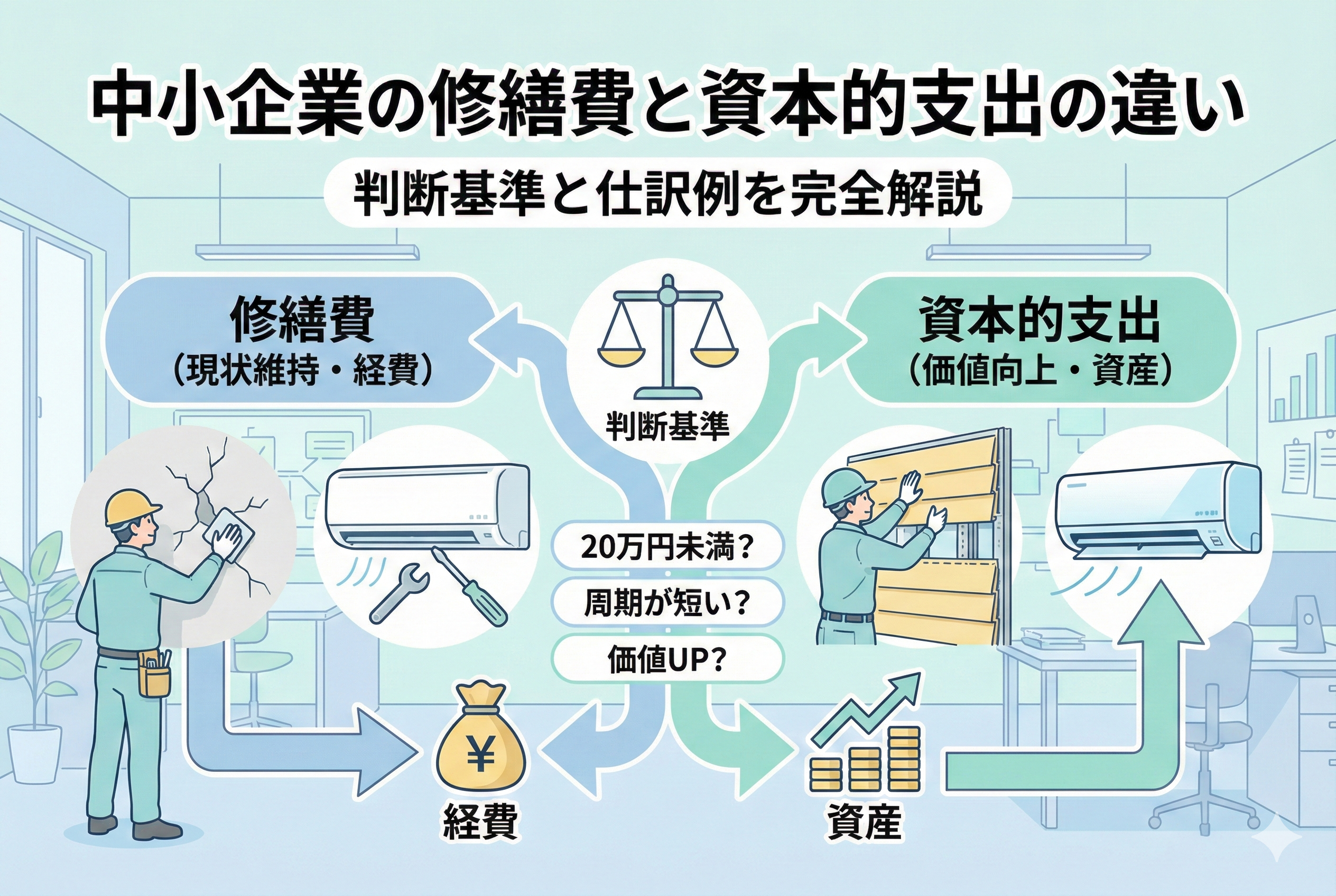 中小企業の修繕費（経費）と資本的支出（資産）の判断基準を分かりやすく図解したアイキャッチ画像です。建物の修理（原状回復）と機能向上（グレードアップ）のどちらに該当するかを仕分ける様子が、清潔感のあるイラストで描かれています。