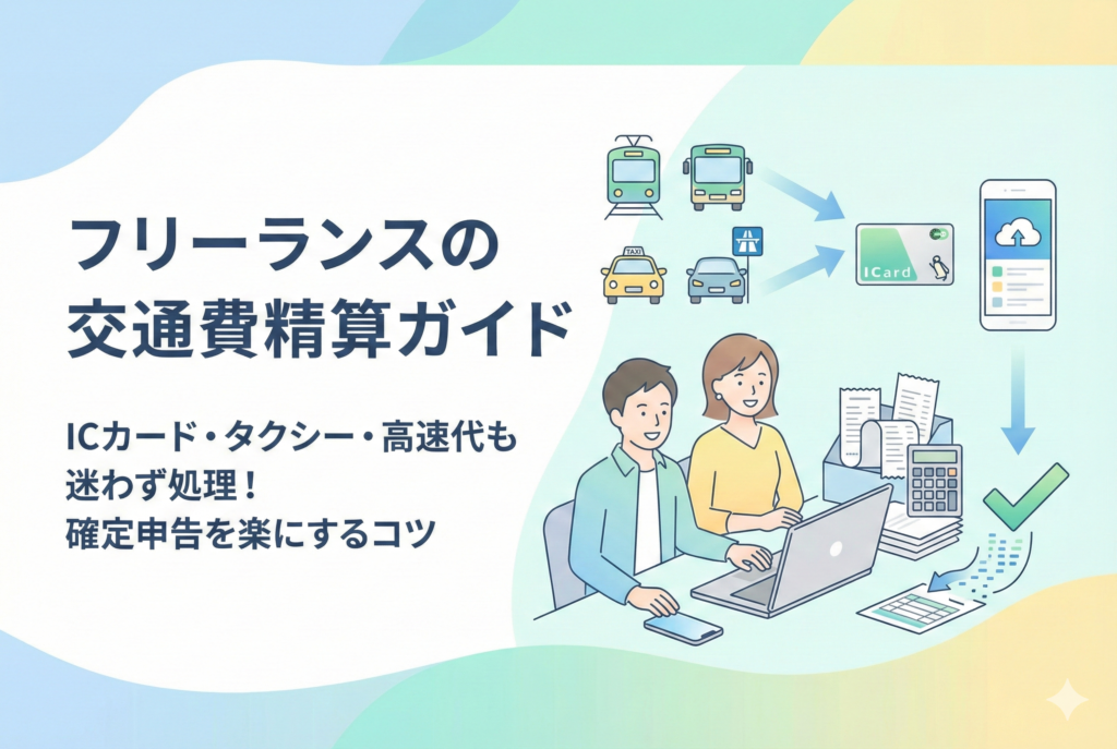「フリーランスの交通費精算ガイド」というタイトルが入ったアイキャッチ画像。ICカードの利用履歴やタクシーの領収書、出金伝票などの煩雑な移動コストを、スマホアプリやクラウド会計ソフトを使ってスマートに整理・管理している様子を描いた、清潔感のあるイラスト。