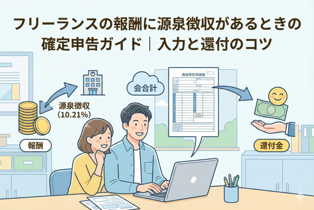 フリーランスの男性がパソコンで経費精算をしており、「現金」「クレカ」「電子マネー」それぞれの支払い記録が矢印でパソコン画面に集約されているイラスト。上部に「フリーランスの経費精算ルール完全ガイド|現金・クレカ・電子マネー整理術」というタイトル文字が書かれている。