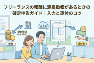 フリーランスの男性がパソコンで経費精算をしており、「現金」「クレカ」「電子マネー」それぞれの支払い記録が矢印でパソコン画面に集約されているイラスト。上部に「フリーランスの経費精算ルール完全ガイド｜現金・クレカ・電子マネー整理術」というタイトル文字が書かれている。