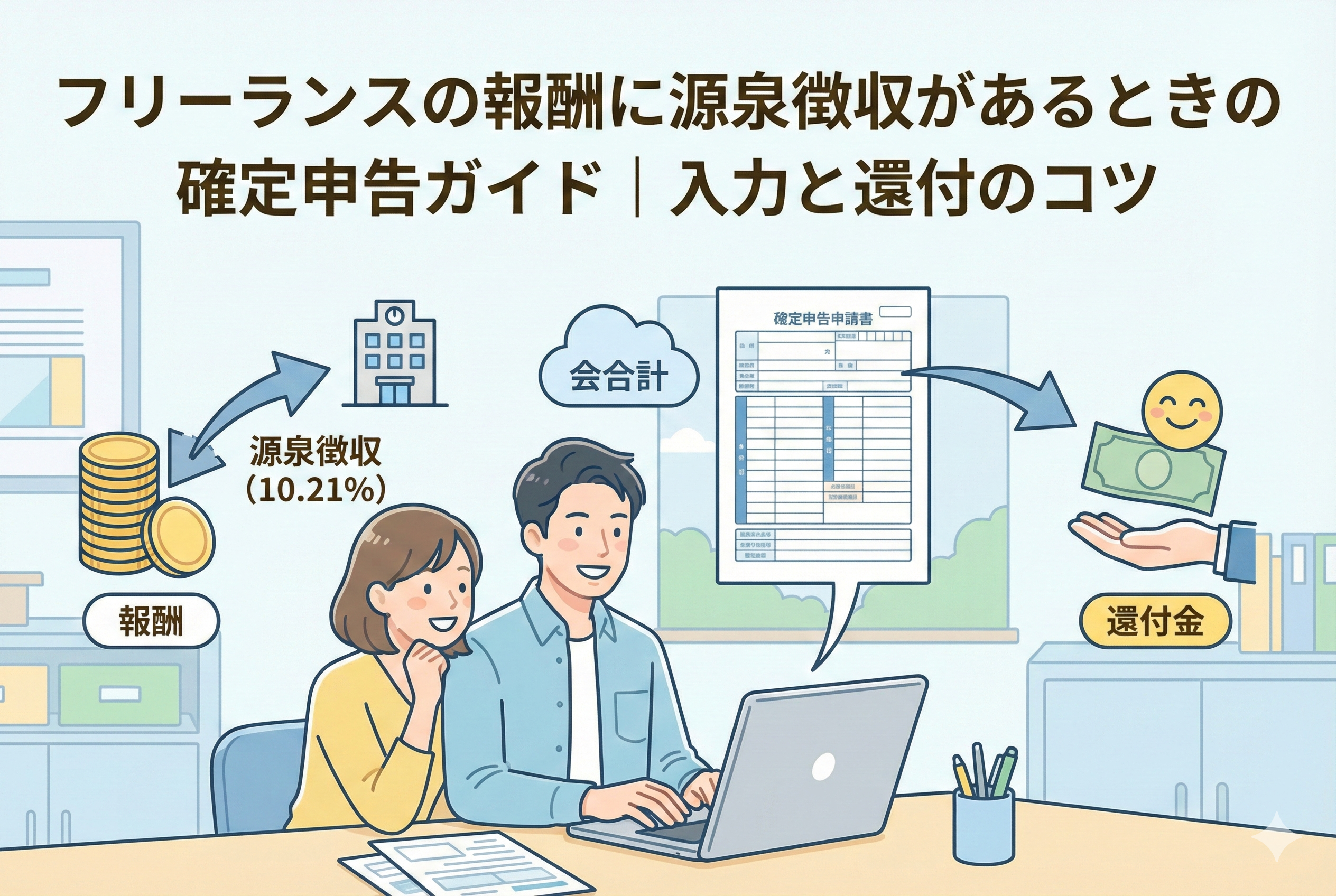 フリーランスの男性がパソコンで経費精算をしており、「現金」「クレカ」「電子マネー」それぞれの支払い記録が矢印でパソコン画面に集約されているイラスト。上部に「フリーランスの経費精算ルール完全ガイド|現金・クレカ・電子マネー整理術」というタイトル文字が書かれている。