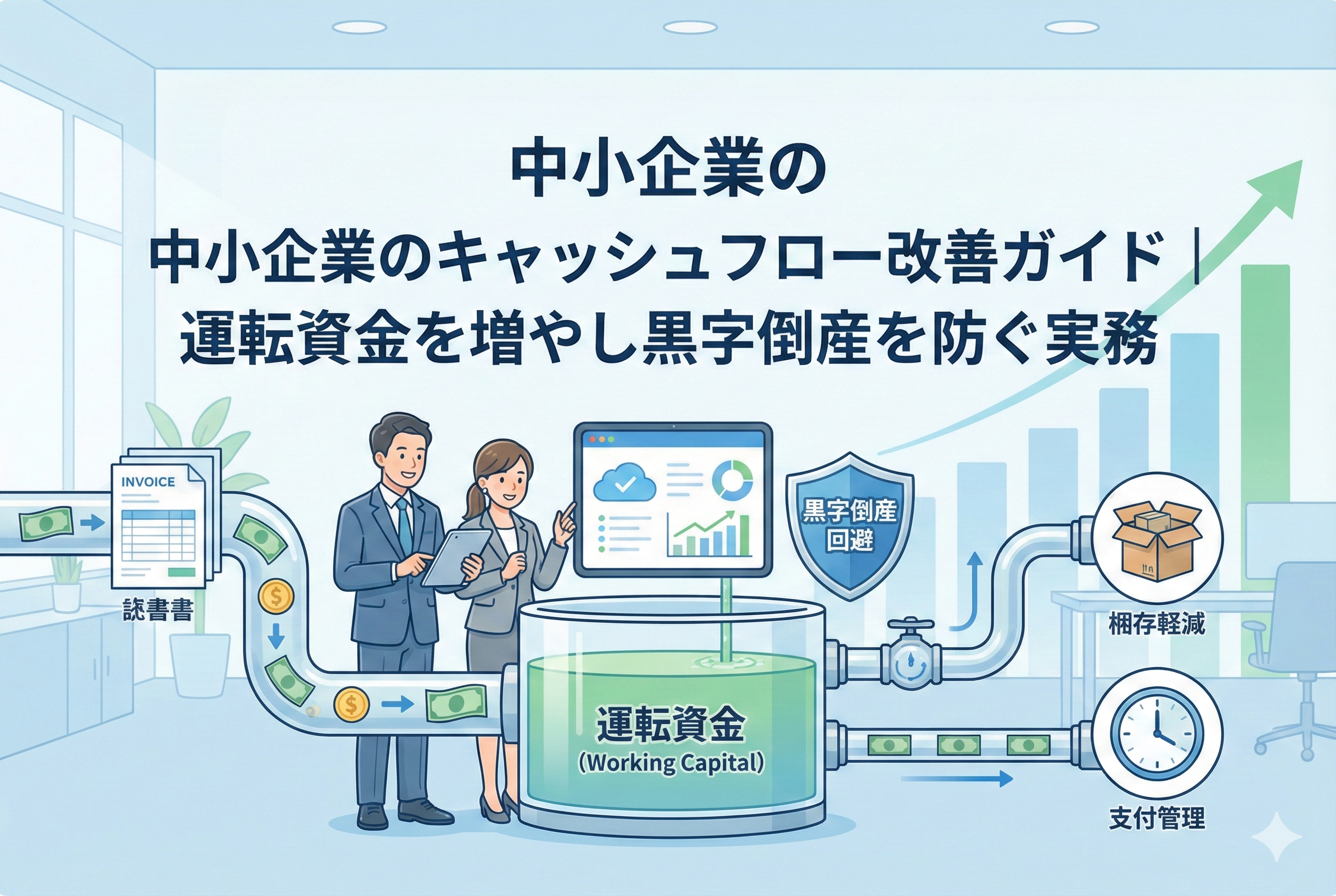 中小企業のキャッシュフローを改善し、運転資金を増やして黒字倒産を防ぐためのガイド記事のアイキャッチ画像。請求書から現金が「運転資金」と書かれたタンクに流れ込み、在庫削減や支払管理のパイプを通って循環する様子を、クラウド会計ソフトの画面を見ながら笑顔で管理するビジネスパーソンのイラストで表現。背景には右肩上がりのグラフと「黒字倒産回避」の盾がある。