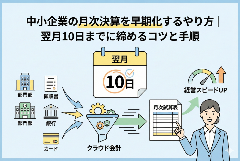 「中小企業の月次決算を早期化するやり方|翌月10日までに締めるコツと手順」という見出しとともに、領収書や銀行データがクラウド会計ソフトを通じてスピーディーに処理され、月次試算表が作成される様子を描いたイラスト。「経営スピードUP」を示すメーターや、翌月10日のカレンダーが強調された親しみやすいデザイン。