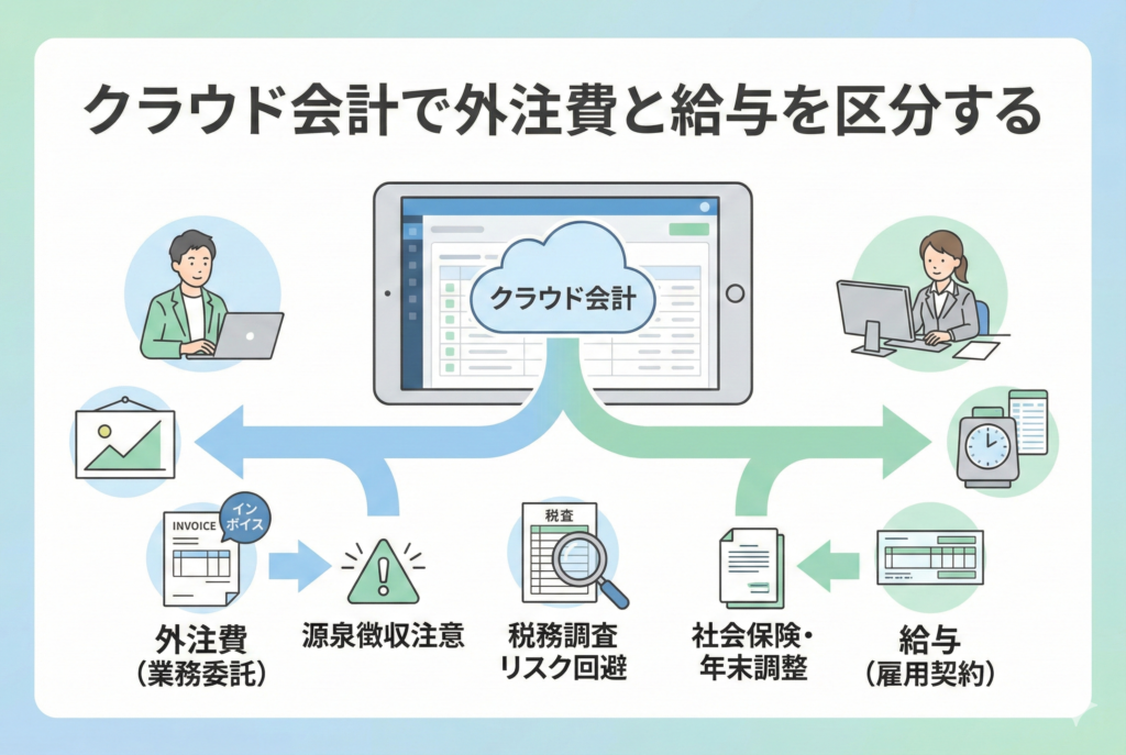 クラウド会計ソフトで「外注費」と「給与」のどちらの勘定科目を選ぶべきか悩む人物のイラスト。天秤やフローチャートのような図解を用い、判断基準となる源泉徴収やインボイス、契約の実態を視覚化した、清潔感のある精緻なデザイン。