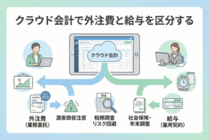 クラウド会計ソフトで「外注費」と「給与」のどちらの勘定科目を選ぶべきか悩む人物のイラスト。天秤やフローチャートのような図解を用い、判断基準となる源泉徴収やインボイス、契約の実態を視覚化した、清潔感のある精緻なデザイン。