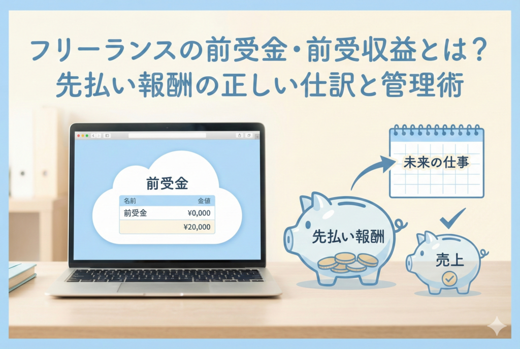 ノートパソコンの画面に「前受金」の仕訳が表示され、隣には「先払い報酬」と書かれた豚の貯金箱から「未来の仕事」のカレンダーへ矢印が伸びるイラストが描かれている。「フリーランスの前受金・前受収益とは？先払い報酬の正しい仕訳と管理術」という日本語タイトルが入ったアイキャッチ画像。