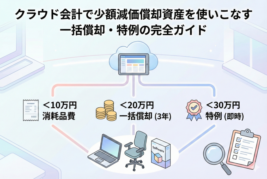 クラウド会計を活用した少額減価償却資産の使いこなし方を解説するアイキャッチ画像。10万円未満の消耗品費、20万円未満の一括償却、30万円未満の特例といった3つの処理方法をフローチャート形式で分かりやすく図解している。