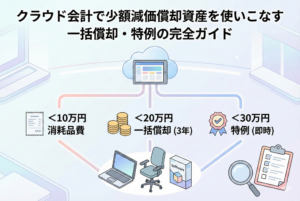 クラウド会計を活用した少額減価償却資産の使いこなし方を解説するアイキャッチ画像。10万円未満の消耗品費、20万円未満の一括償却、30万円未満の特例といった3つの処理方法をフローチャート形式で分かりやすく図解している。