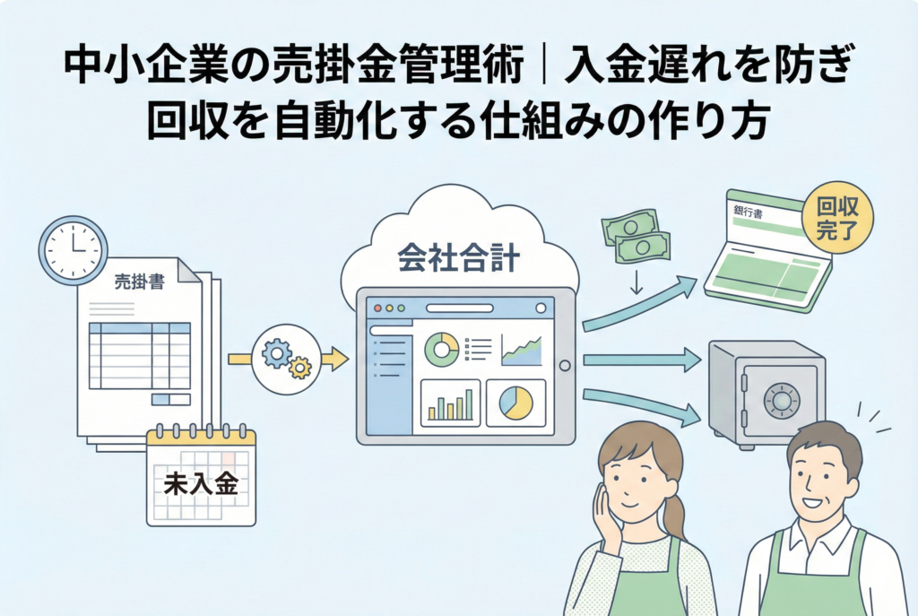 中小企業向けの売掛金管理術を解説するアイキャッチ画像。「売掛書」と「未入金」カレンダーのイラストが、歯車を介して「会社会計」のクラウドシステムに連携し、自動的に「銀行通帳」の回収完了と「金庫」への資金保管につながる流れを、安心した表情の中小企業経営者夫婦が見守っている。上部には「中小企業の売掛金管理術｜入金遅れを防ぎ回収を自動化する仕組みの作り方」というタイトルがある。