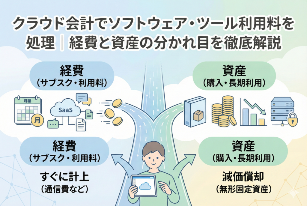 クラウド会計ソフトでソフトウェアやツールの利用料を仕訳する様子を描いたイラスト。ノートパソコンを操作する人物の周囲にアプリやクラウドのアイコンが並び、「経費」と「資産」の境界線や分類のイメージが視覚化されている。