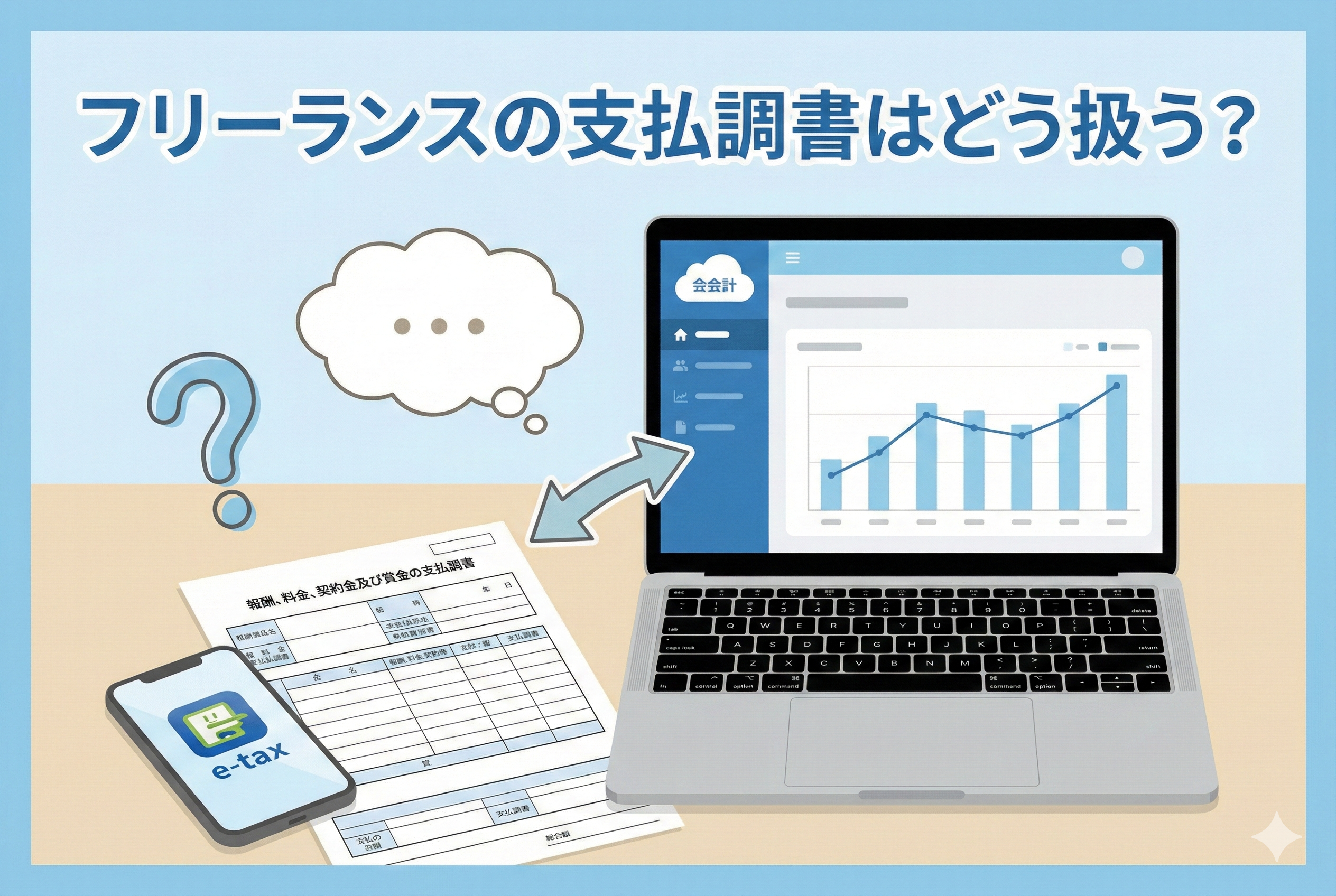 ノートパソコンのクラウド会計画面と、机の上に置かれた「報酬、料金、契約金及び賞金の支払調書」の用紙、e-Taxの画面が表示されたスマートフォンを、疑問符と矢印で結んだイラスト。「フリーランスの支払調書はどう扱う？」という日本語の見出しが入ったアイキャッチ画像。