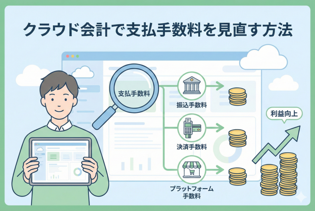 クラウド会計ソフトの画面で「支払手数料」を虫眼鏡で分析し、振込、決済、プラットフォーム手数料に見直すことでコストを削減、最終的に利益が向上する様子を描いた解説イラスト。