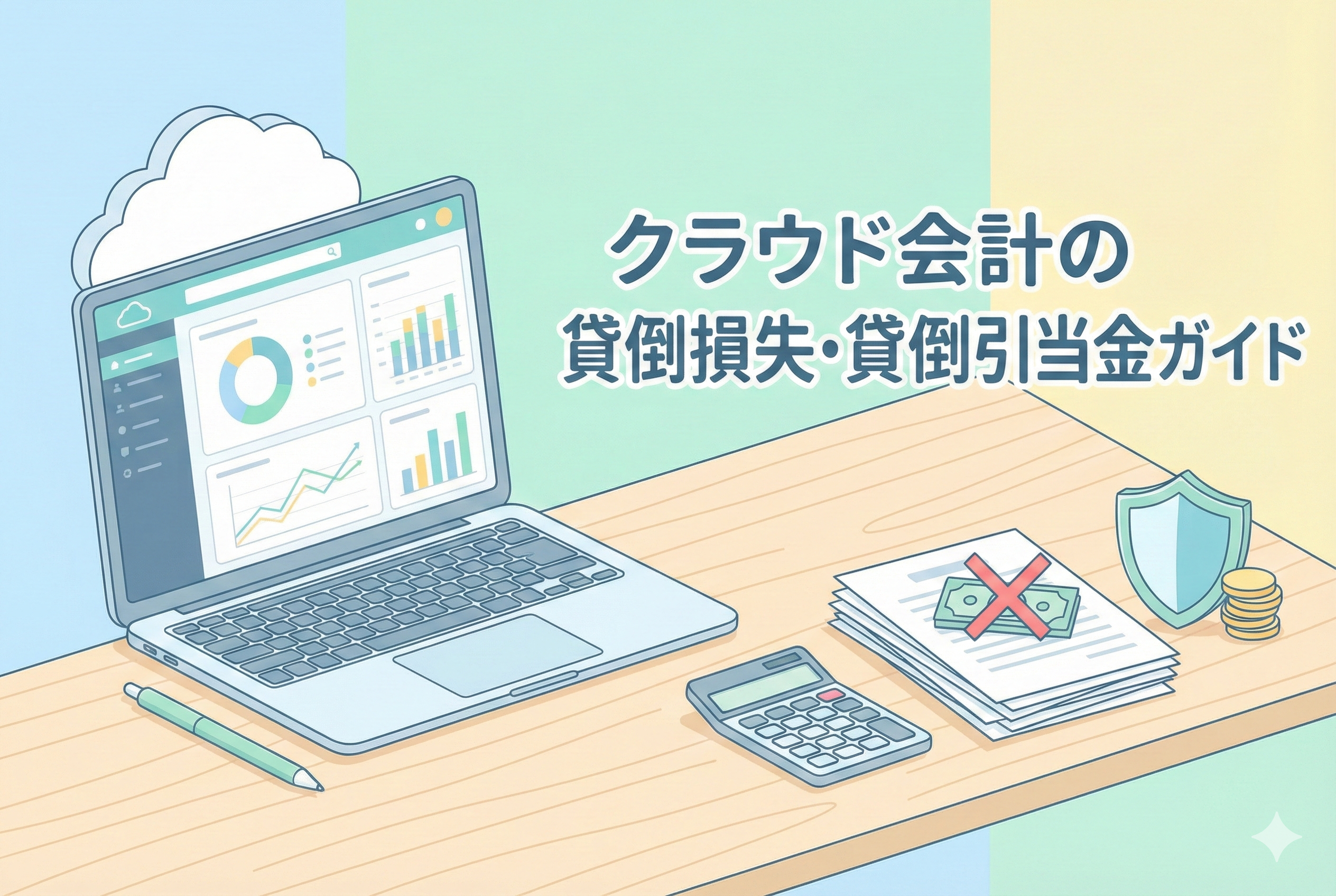 「クラウド会計の貸倒損失・貸倒引当金ガイド」というタイトル文字と、クラウド会計画面が表示されたノートPC、バツ印がついたお金の書類(貸倒れ)、盾とコイン(引当金)のイラストが描かれたアイキャッチ画像。