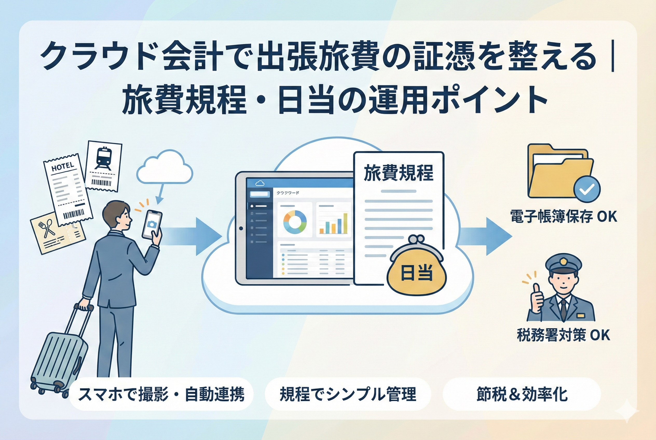 クラウド会計を使った出張旅費管理の効率化を示す図解イラスト。出張中のビジネスマンがスマホで領収書を撮影し、クラウド上の「旅費規程」や「日当」と連携させて、電子帳簿保存や税務署対策をクリアする流れが描かれている。「クラウド会計で出張旅費の証憑を整える｜旅費規程・日当の運用ポイント」という見出し付き。