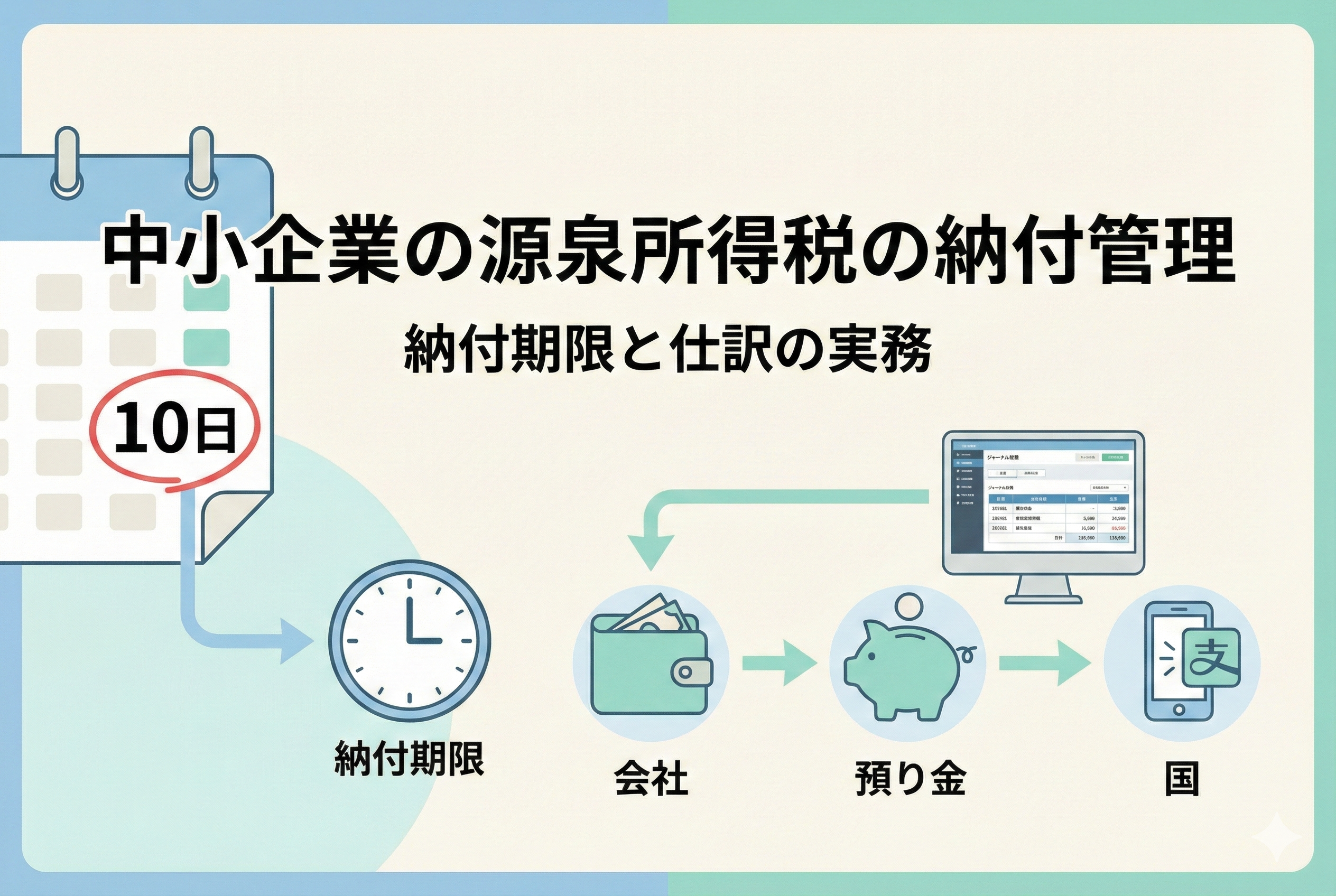 中小企業における源泉所得税の納付管理と仕訳の流れを図解したアイキャッチ画像。左側に「納付期限（10日）」を示すカレンダーと時計、右側に「会社」から「預り金（クラウド会計ソフト）」を経て「国（スマホ納税）」へお金が流れるプロセスをイラストで表現し、中央上部に日本語のタイトルが入っています。
