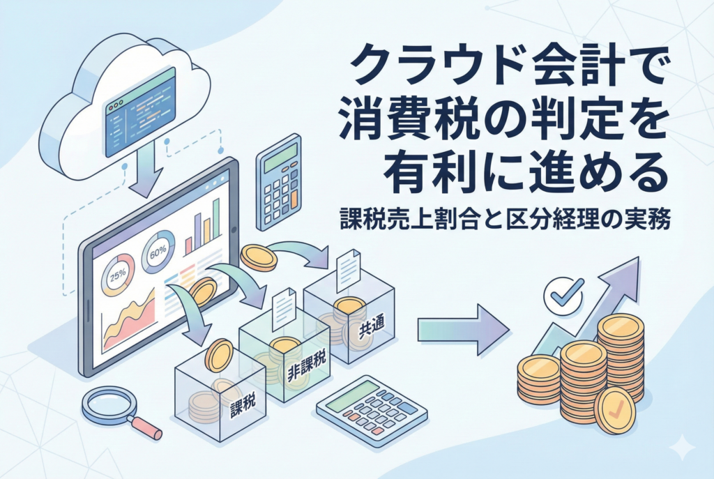 「クラウド会計で消費税の判定を有利に進める」というタイトル文字が入った、クラウド会計ソフトの画面と、消費税の税区分（課税・非課税・共通）を天秤やボックスで整理している様子を描いた清潔感のあるイラスト。